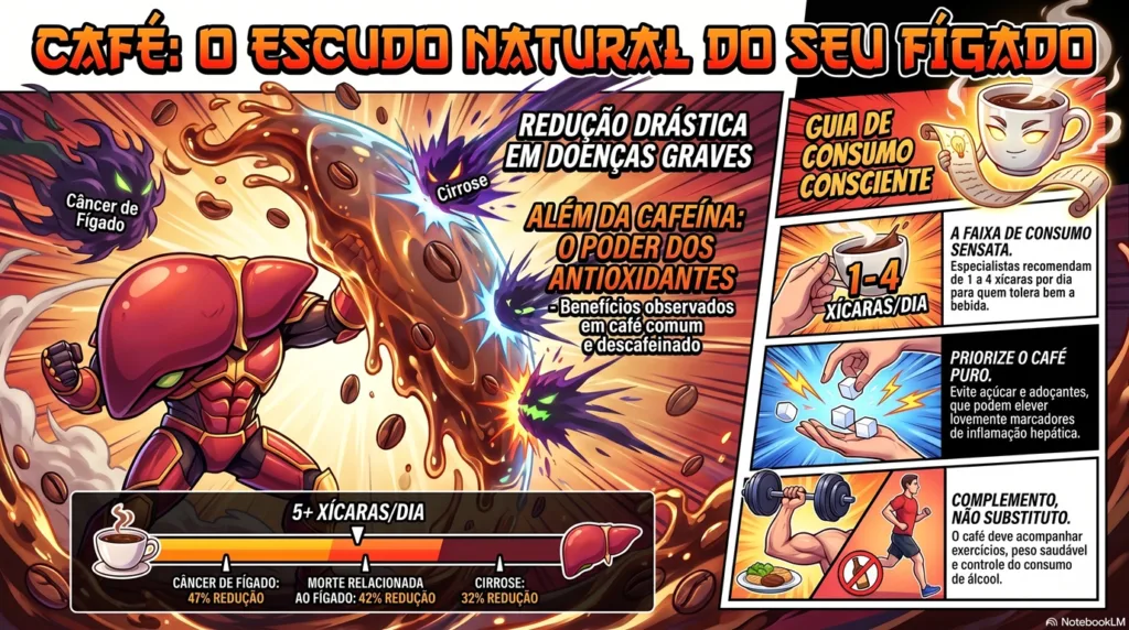 Infográfico dos benefícios do café para o fígado.