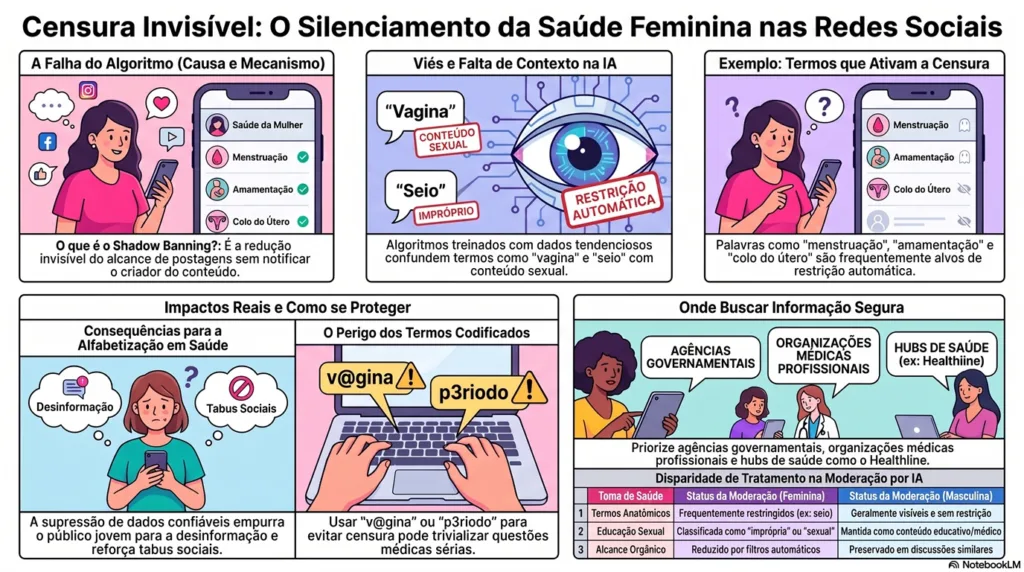 infográfico DA CENSURA DIGITAL NA SAUDE FEMININA.