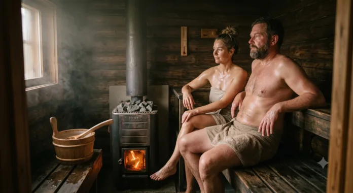 imagem de um casal em uma sauna.