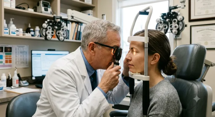 Médico examinando os olhos de uma paciente durante consulta com oftalmoscópio