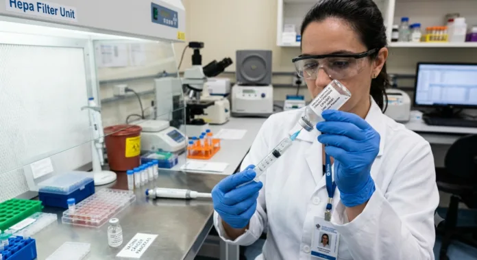 Vacina contra o câncer de pâncreas sendo preparada em seringa de laboratório