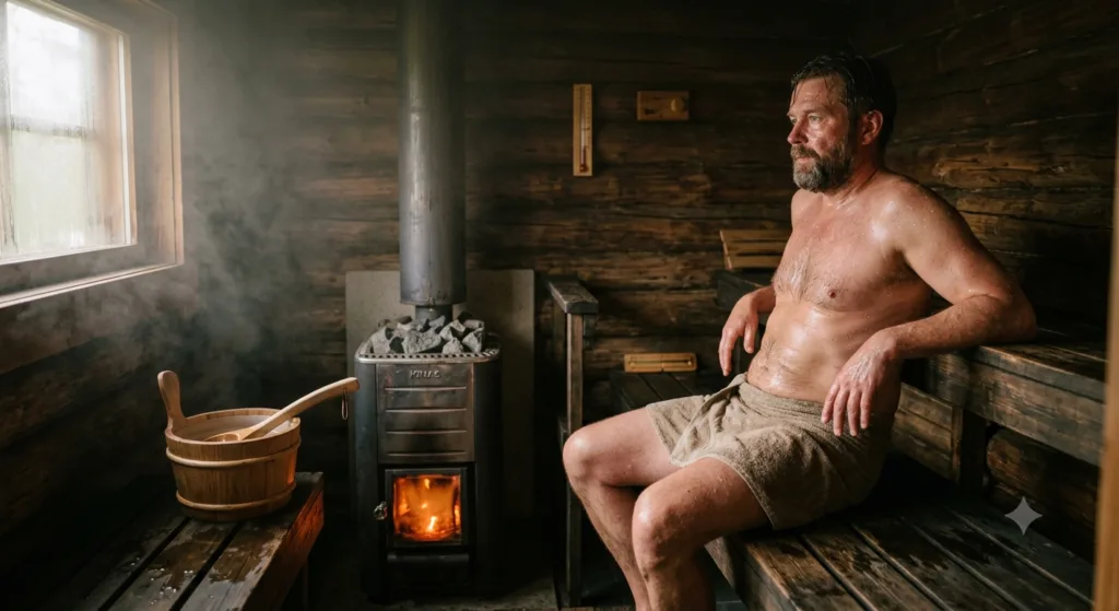 imagem de um homem em uma sauna.
