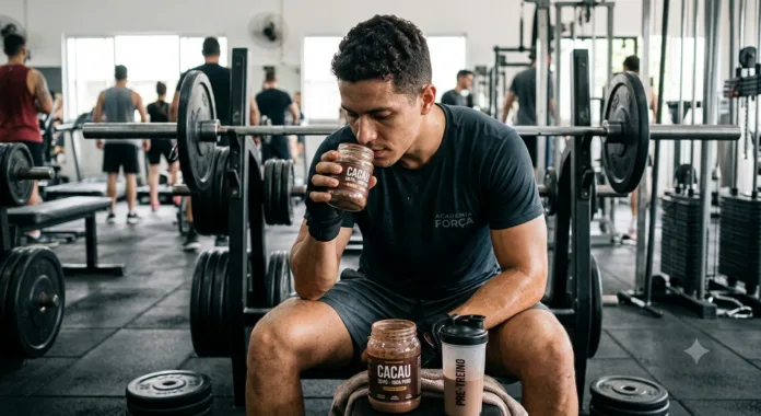 imagem de um atleta cheirando um pote de chocolate em uma academia.