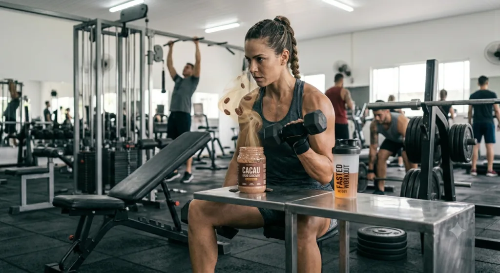 imagem de uma mulher praticando musculação numa academia.