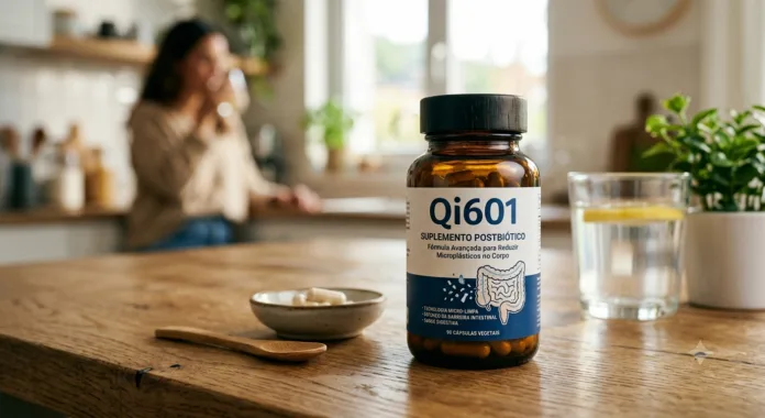 Imagem de um Suplemento postbiótico Qi601 usado para reduzir microplásticos no corpo