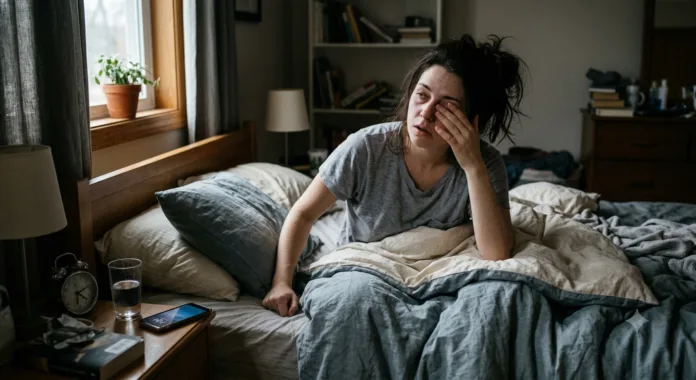 imagem de uma mulher acordando depois de uma noite mal dormida.