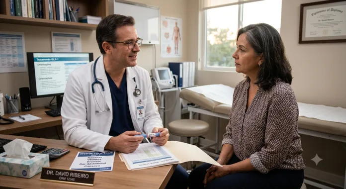 MEDICO ORIENTANDO SUA PACIENTE SOBRE OS EFEITOS DAS CANETAS GLP-1.