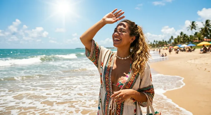 mulher na praia protegendo os olhos do sol, com as mãos.