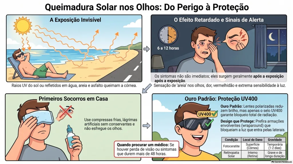 infográfico sobre queimaduras UV nos olhos.