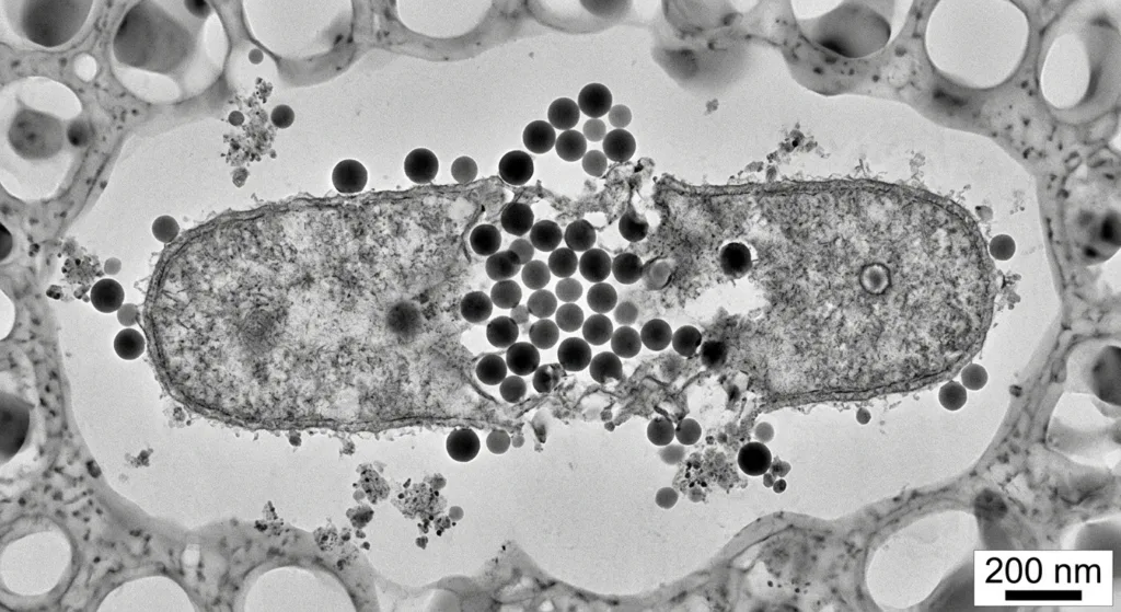 imagem de uma Nanopartículas de prata atacando a membrana de uma bactéria E. coli