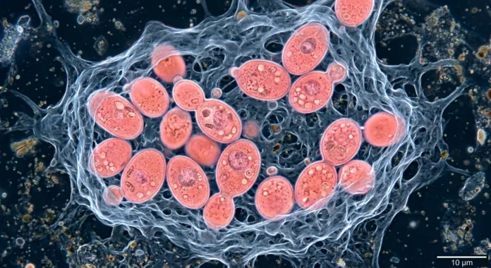 imagem de uma Levedura Rhodotorula mucilaginosa produzindo exopolissacarídeos
