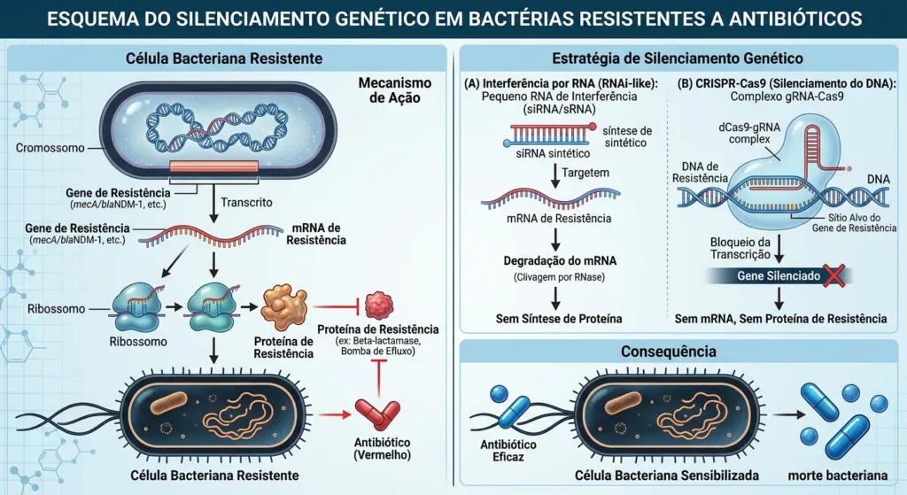  imagem de um Esquema do silenciamento genético em bactérias resistentes a antibióticos