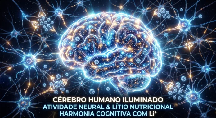 arte de um cérebro humano iluminado representando atividade neural e lítio nutricional