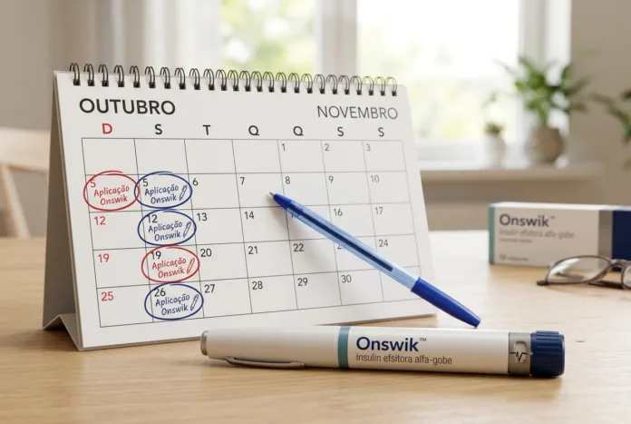 imagem de uma caneta aplicadora de insulina ao lado de um calendário.