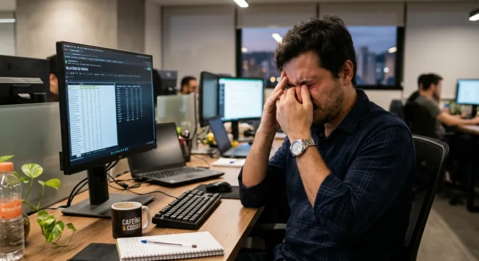 homem sinalizando cansaço visual em frente a uma tela de computador.