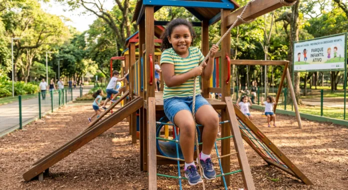 criança obesa brincando em um parque infantil.