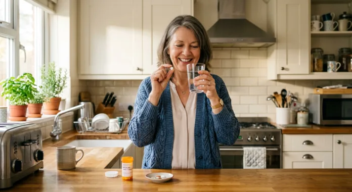 imagem de uma Mulher segurando um comprimido e um copo de água na cozinha