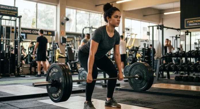 mulher jovem fazendo musculação em uma academia.