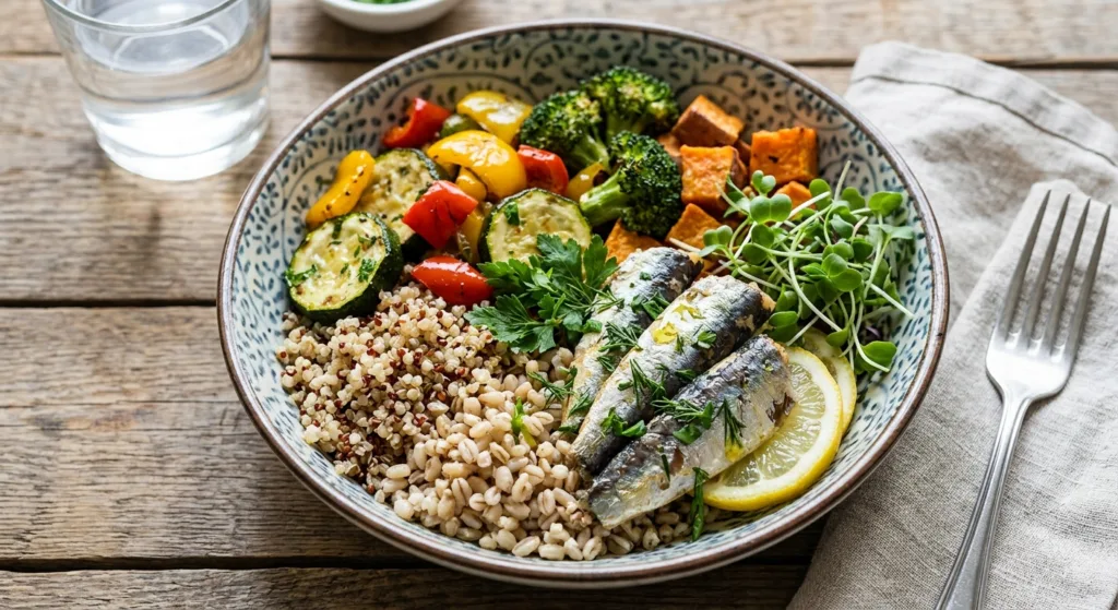 Bowl de comida saudável com sardinhas.